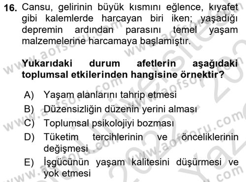 Afet Psikolojisi ve Sosyolojisi Dersi 2022 - 2023 Yılı Yaz Okulu Sınav Soruları 16. Soru