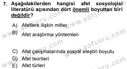 Afet Psikolojisi ve Sosyolojisi Dersi 2022 - 2023 Yılı Yaz Okulu Sınav Soruları 7. Soru