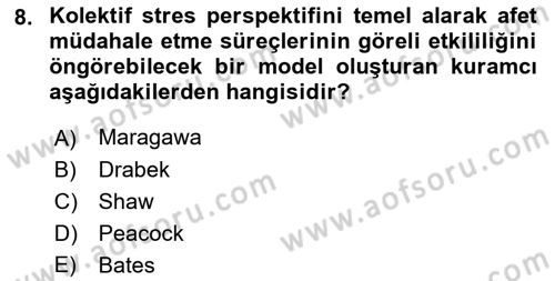 Afet Psikolojisi ve Sosyolojisi Dersi 2022 - 2023 Yılı Yaz Okulu Sınav Soruları 8. Soru