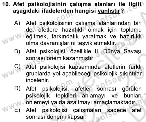 Afet Psikolojisi ve Sosyolojisi Dersi 2023 - 2024 Yılı (Vize) Ara Sınav Soruları 10. Soru
