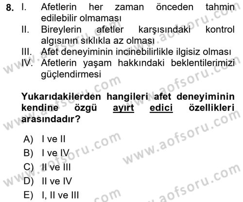 Afet Psikolojisi ve Sosyolojisi Dersi 2023 - 2024 Yılı (Vize) Ara Sınav Soruları 8. Soru
