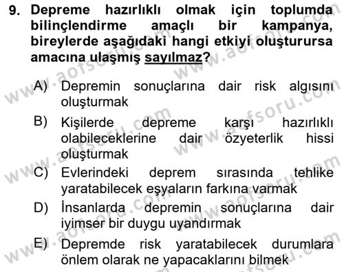 Afet Psikolojisi ve Sosyolojisi Dersi 2023 - 2024 Yılı (Vize) Ara Sınav Soruları 9. Soru