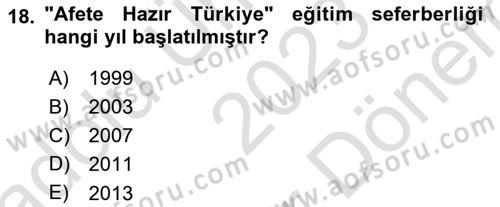 Afet Psikolojisi ve Sosyolojisi Dersi 2023 - 2024 Yılı (Final) Dönem Sonu Sınavı 18. Soru