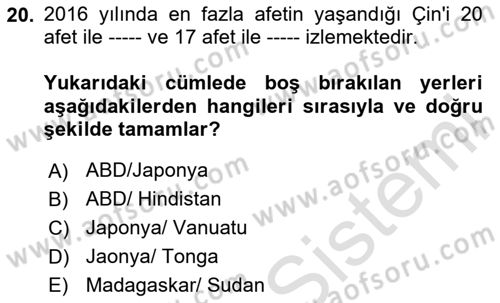 Afet Psikolojisi ve Sosyolojisi Dersi 2023 - 2024 Yılı (Final) Dönem Sonu Sınavı 20. Soru