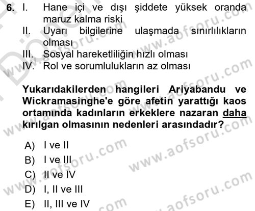 Afet Psikolojisi ve Sosyolojisi Dersi 2023 - 2024 Yılı (Final) Dönem Sonu Sınavı 6. Soru