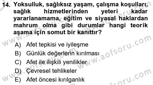 Afet Psikolojisi ve Sosyolojisi Dersi 2023 - 2024 Yılı Yaz Okulu Sınav Soruları 14. Soru