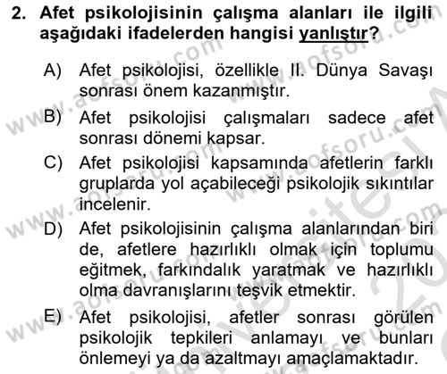Afet Psikolojisi ve Sosyolojisi Dersi 2023 - 2024 Yılı Yaz Okulu Sınav Soruları 2. Soru