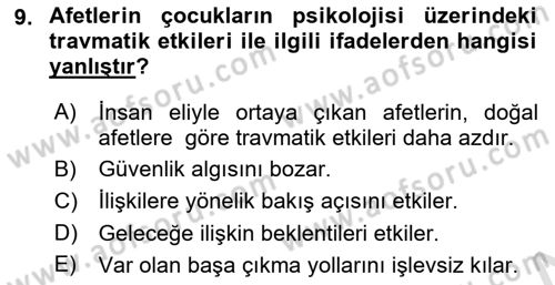 Afet Psikolojisi ve Sosyolojisi Dersi 2023 - 2024 Yılı Yaz Okulu Sınav Soruları 9. Soru