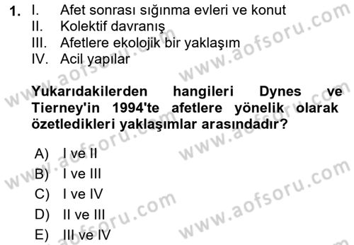 Afet Psikolojisi ve Sosyolojisi Dersi 2024 - 2025 Yılı (Vize) Ara Sınav Soruları 1. Soru