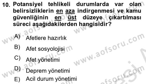 Afet Psikolojisi ve Sosyolojisi Dersi 2024 - 2025 Yılı (Vize) Ara Sınav Soruları 10. Soru