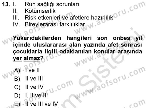 Afet Psikolojisi ve Sosyolojisi Dersi 2024 - 2025 Yılı (Vize) Ara Sınav Soruları 13. Soru