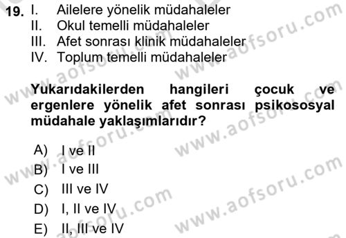 Afet Psikolojisi ve Sosyolojisi Dersi 2024 - 2025 Yılı (Vize) Ara Sınav Soruları 19. Soru