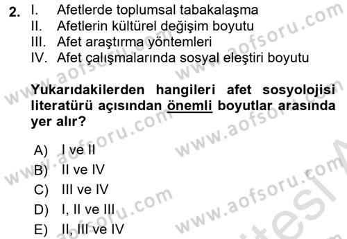 Afet Psikolojisi ve Sosyolojisi Dersi 2024 - 2025 Yılı (Vize) Ara Sınav Soruları 2. Soru