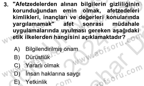 Afet Psikolojisi ve Sosyolojisi Dersi 2024 - 2025 Yılı (Vize) Ara Sınav Soruları 3. Soru