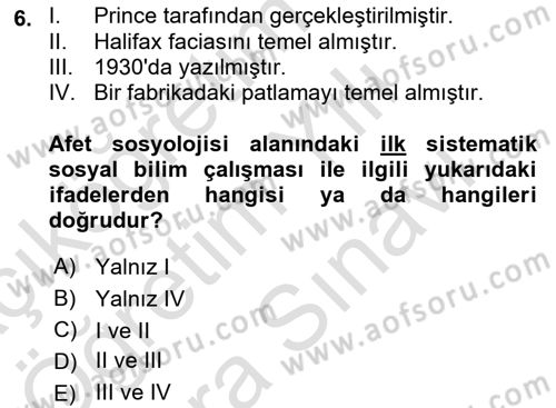 Afet Psikolojisi ve Sosyolojisi Dersi 2024 - 2025 Yılı (Vize) Ara Sınav Soruları 6. Soru