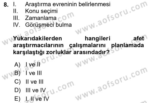 Afet Psikolojisi ve Sosyolojisi Dersi 2024 - 2025 Yılı (Vize) Ara Sınav Soruları 8. Soru