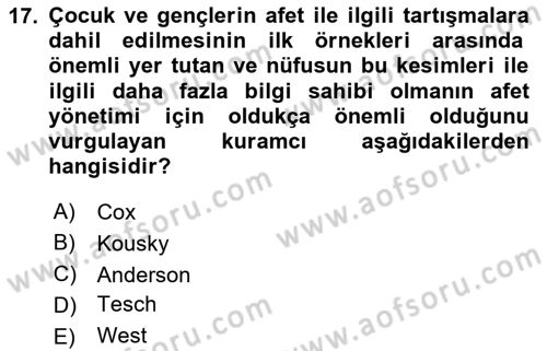 Afet Psikolojisi ve Sosyolojisi Dersi 2024 - 2025 Yılı (Final) Dönem Sonu Sınav Soruları 17. Soru