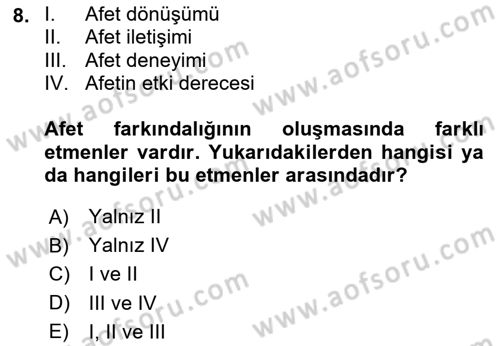 Afet Psikolojisi ve Sosyolojisi Dersi 2024 - 2025 Yılı (Final) Dönem Sonu Sınav Soruları 8. Soru