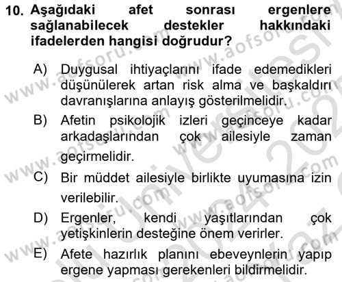 Afet Psikolojisi ve Sosyolojisi Dersi 2024 - 2025 Yılı Yaz Okulu Sınav Soruları 10. Soru