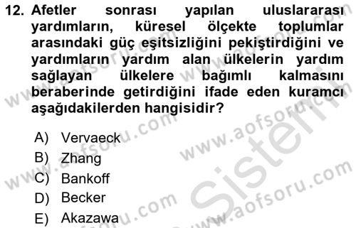Afet Psikolojisi ve Sosyolojisi Dersi 2024 - 2025 Yılı Yaz Okulu Sınav Soruları 12. Soru