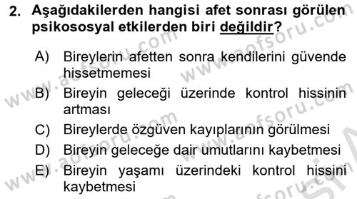 Afet Psikolojisi ve Sosyolojisi Dersi 2024 - 2025 Yılı Yaz Okulu Sınav Soruları 2. Soru