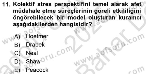 Afet Psikolojisi ve Sosyolojisi Dersi 2025 - 2026 Yılı (Vize) Ara Sınav Soruları 11. Soru