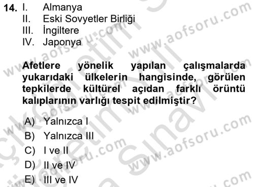 Afet Psikolojisi ve Sosyolojisi Dersi 2025 - 2026 Yılı (Vize) Ara Sınav Soruları 14. Soru