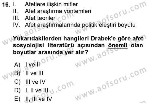 Afet Psikolojisi ve Sosyolojisi Dersi 2025 - 2026 Yılı (Vize) Ara Sınav Soruları 16. Soru