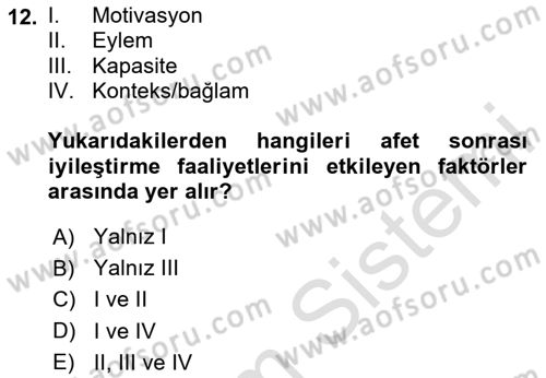 Afet Psikolojisi ve Sosyolojisi Dersi 2025 - 2026 Yılı (Final) Dönem Sonu Sınav Soruları 12. Soru