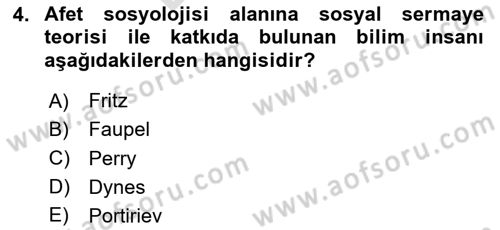 Afet Psikolojisi ve Sosyolojisi Dersi 2025 - 2026 Yılı (Final) Dönem Sonu Sınav Soruları 4. Soru