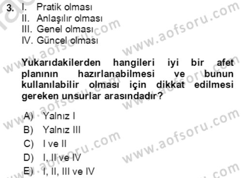 Acil Durum Ve Afet Yönetimi Planları Dersi Ara Sınavı Deneme Sınav Soruları 3. Soru