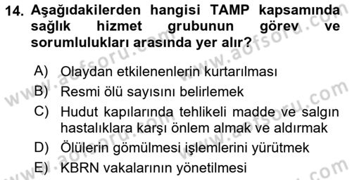 Acil Durum Ve Afet Yönetimi Planları Dersi 2020 - 2021 Yılı Yaz Okulu Sınavı 14. Soru