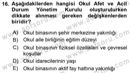 Acil Durum Ve Afet Yönetimi Planları Dersi 2022 - 2023 Yılı (Final) Dönem Sonu Sınav Soruları 16. Soru