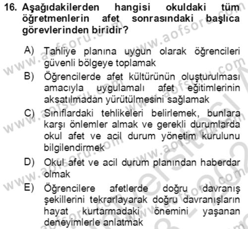 Acil Durum Ve Afet Yönetimi Planları Dersi 2023 - 2024 Yılı (Final) Dönem Sonu Sınavı 16. Soru