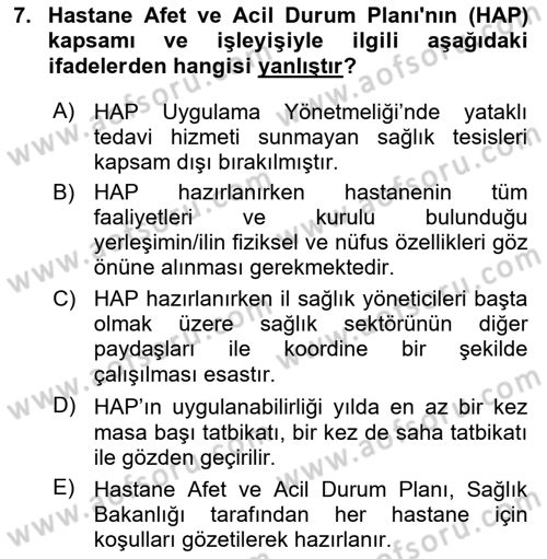 Acil Durum Ve Afet Yönetimi Planları Dersi 2024 - 2025 Yılı (Final) Dönem Sonu Sınav Soruları 7. Soru