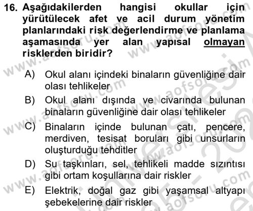 Acil Durum Ve Afet Yönetimi Planları Dersi 2025 - 2026 Yılı (Final) Dönem Sonu Sınav Soruları 16. Soru