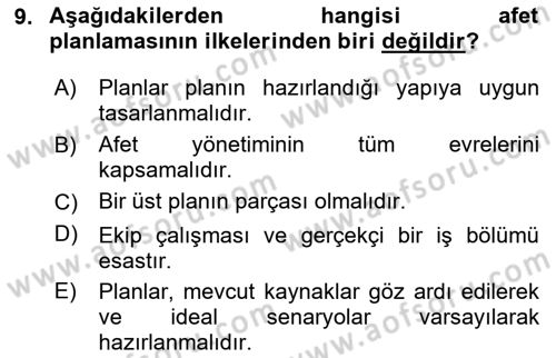 Acil Durum Ve Afet Yönetimi Planları Dersi 2025 - 2026 Yılı (Final) Dönem Sonu Sınav Soruları 9. Soru