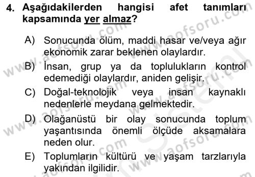 Afet Risk Azaltma Politikaları Dersi Ara Sınavı Deneme Sınav Soruları 4. Soru