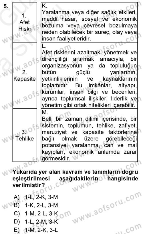 Afet Risk Azaltma Politikaları Dersi Ara Sınavı Deneme Sınav Soruları 5. Soru