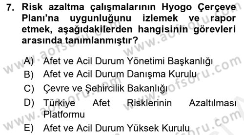 Afet Risk Azaltma Politikaları Dersi Ara Sınavı Deneme Sınav Soruları 7. Soru