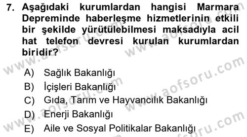 Afet Risk Azaltma Politikaları Dersi 2018 - 2019 Yılı (Final) Dönem Sonu Sınav Soruları 7. Soru