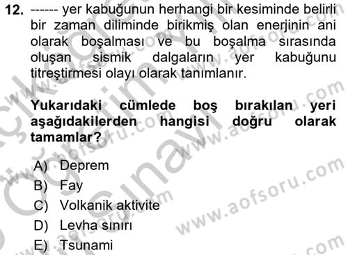 Afet Risk Azaltma Politikaları Dersi 2018 - 2019 Yılı Yaz Okulu Sınav Soruları 12. Soru