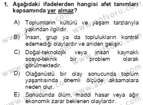 Afet Risk Azaltma Politikaları Dersi Ara Sınavı Deneme Sınav Soruları 1. Soru