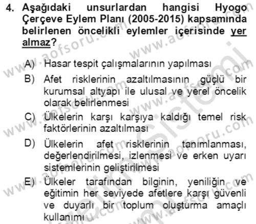 Afet Risk Azaltma Politikaları Dersi Ara Sınavı Deneme Sınav Soruları 4. Soru