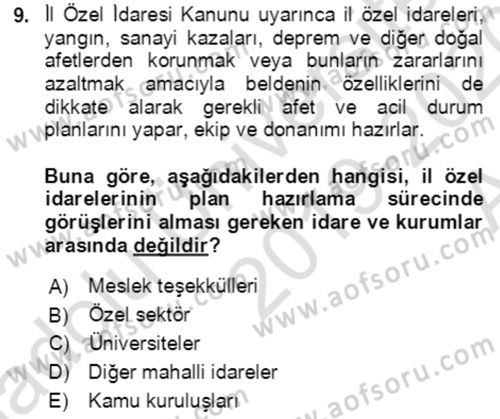 Afet Risk Azaltma Politikaları Dersi Ara Sınavı Deneme Sınav Soruları 9. Soru