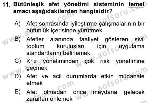 Afet Risk Azaltma Politikaları Dersi 2020 - 2021 Yılı Yaz Okulu Sınav Soruları 11. Soru