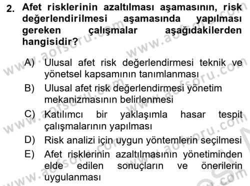 Afet Risk Azaltma Politikaları Dersi 2020 - 2021 Yılı Yaz Okulu Sınav Soruları 2. Soru