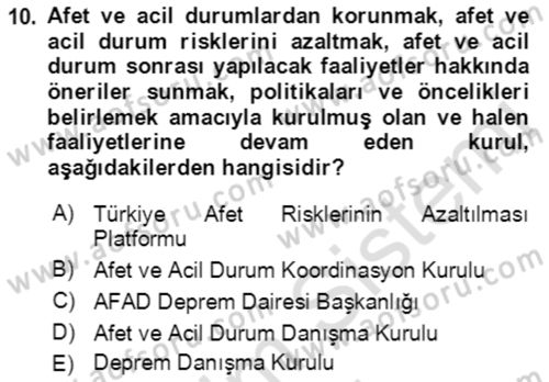 Afet Risk Azaltma Politikaları Dersi Ara Sınavı Deneme Sınav Soruları 10. Soru