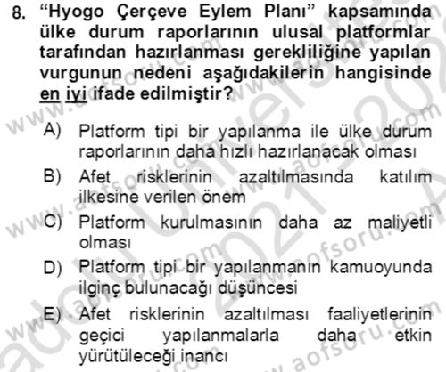 Afet Risk Azaltma Politikaları Dersi Ara Sınavı Deneme Sınav Soruları 8. Soru