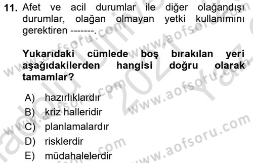 Afet Risk Azaltma Politikaları Dersi 2021 - 2022 Yılı Yaz Okulu Sınav Soruları 11. Soru